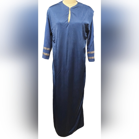 💝1970s Blue and Gold Brocade Caftan Maxi Dress - Picture 11 of 14